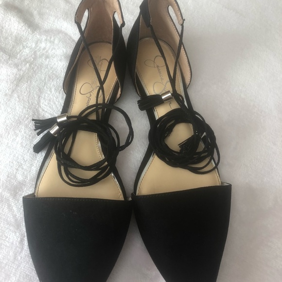 Jessica Simpson Black Pointed Toe Strappy Flats10M - Picture 2 of 5